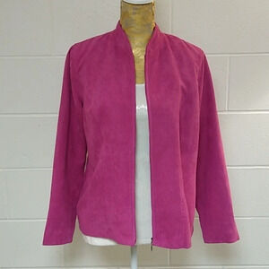 STUDIO WORKS PINK FAUX SUEDE JACKET ZIP FRONT MANDARIN COLLAR, LINED & WASHABLE